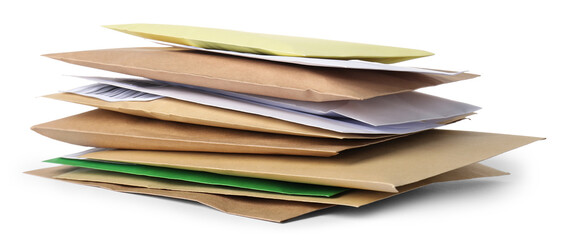 Stack of different paper envelopes isolated on white. Post office