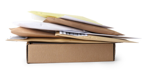 Different paper envelopes and parcel isolated on white. Post office