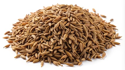 Pile of aromatic caraway seeds on a white background, close up