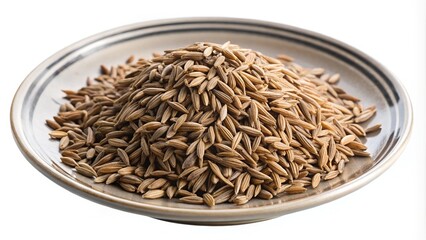 Cumin seeds piled high on a decorative plate, a culinary spice ingredient