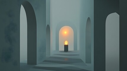Fototapeta premium Serene Minimalist Architecture Interior with Arched Pathways and Glowing Orb