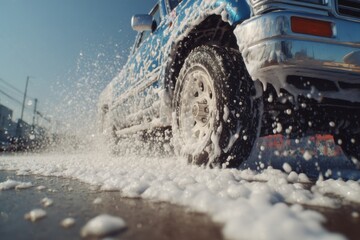 Close-up of a blue truck during a car wash, showing tire, chrome bumper, and abundant suds, clean car concept, automotive maintenance and vehicle care.