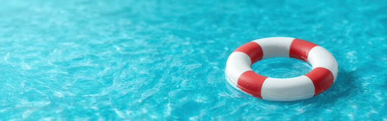 Vibrant lifebuoy floats in a clear blue pool, inviting relaxation and symbolizing safety during a leisurely outdoor experience.concept of saving business, ideas, finances, help