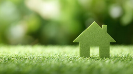 Green eco house stands out on lush green background promoting sustainable living and environmental awareness. ecological house concept, eco light, green light, energy saving, ecological life