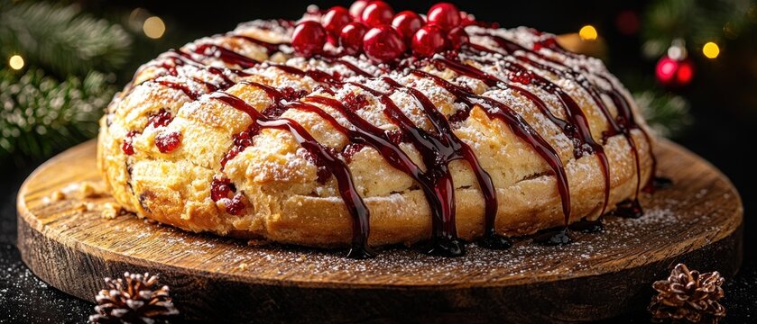 A delectable round cake, adorned with cranberries and a rich glaze, rests on a rustic wooden board.  Powdered sugar adds a final touch