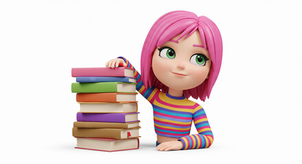 Animated 3D girl leaning on books, thoughtful student, clean white background