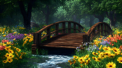 A small wooden bridge crossing a bubbling stream, surrounded by wildflowers and trees in bloom