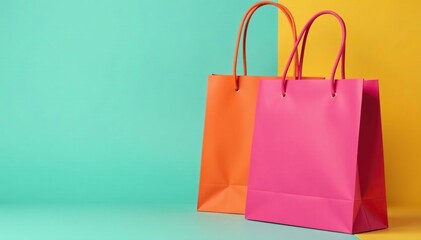 Stylish reusable shopping bag with long handles, close-up view , material, vibrant, colorful