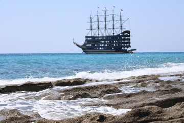 Beach ship sea. Old sailing ship. High quality photo