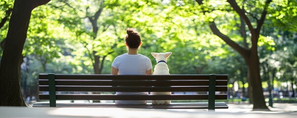 Peaceful park scene with woman and dog