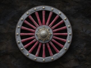 Naklejka premium Ancient Wooden Wheel: Red Spokes, Grey Rim, Dark Background