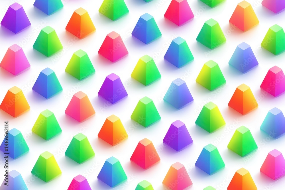Poster a vibrant and playful geometric pattern featuring an array of colorful pyramid shapes, arranged in a