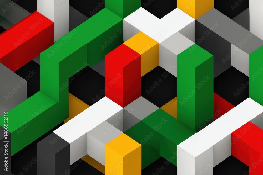 Poster an abstract geometric 3d render of colorful blocks in green, red, and yellow, creating a playful and