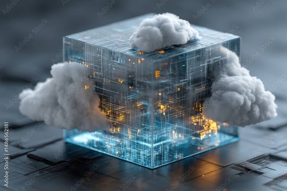 Poster abstract cloud computing concept with cube filled with electronic components and clouds, representin