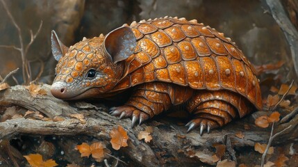 Fototapeta premium Close-up view of a small, armored mammal resting on a log.