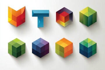 Obraz premium A collection of colorful geometric shapes, including cubes and letter T, on a white background, casting shadows and creating a vibrant design, art concept.