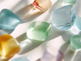 Colorful Smooth Glass Gems in Various Shapes Casting Soft Shadows on White Surface in Natural Light, Ideal for Backgrounds and Decorative Designs