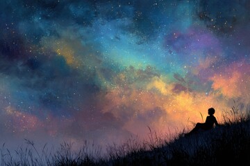 Fototapeta premium A serene silhouette of a person sitting on a grassy hill, gazing at a vibrant, colorful, and mesmerizing cosmic sky filled with stars, clouds, and a sense of wonder.