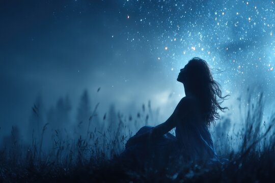 A mesmerizing silhouette of a woman gazing at the starry night sky, surrounded by tall grass, creating a dreamy, ethereal atmosphere of wonder and serenity.