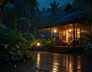 Tropical cabin in rain with glowing lamps and wooden floor