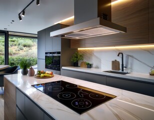 modern kitchen technology sleek contemporary kitchen interior with smart range hood display and illuminated induction cooktop on marble island