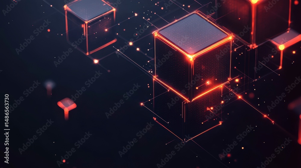 Aufkleber Abstract 3D rendering of glowing red cubes connected by lines, representing data network or digital technology.