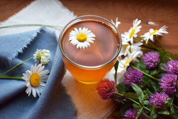 Chamomile medicinal tea in glass cup on wooden table with chamomile and red clover flowers. Top view.