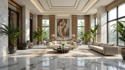 A spacious, luxurious living room with marble floors and elegant furniture, highlighted by large windows, modern decor, and lush indoor plants. Airy and inviting ambiance.