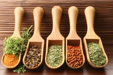 Wooden Scoops with Assorted Spices and Herbs
