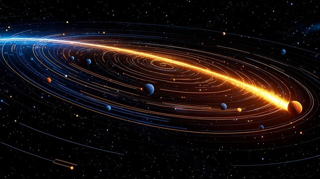 Orbital diagram showing hyperbolic elliptical comet paths with tail direction markers solar system dynamics sharp detail on orbits scientific visualization