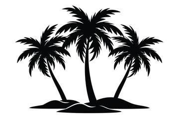 Three black palm trees stand on an island with dark sand under sunlight