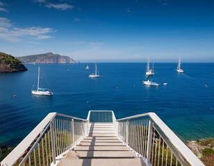 Obraz premium stunning coastal view from an elegant staircase overlooking sailboats in the tranquil sea