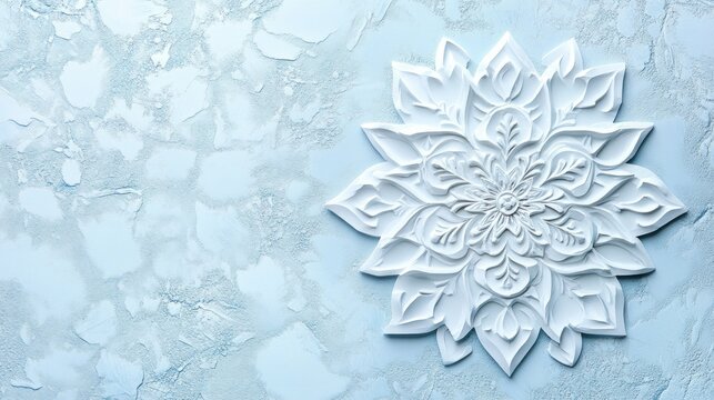 White floral ornamental rosette on light blue textured background