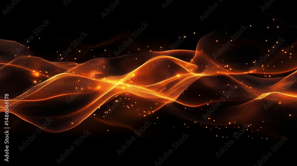 Aufkleber abstract orange wave with glowing particles on black background.