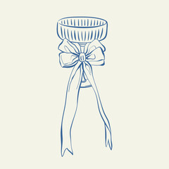 Coquette cocktail glass with bow and ribbon hand drawn ink sketch. Line art vector illustration of drink glass for alcoholic beverages for party, wedding invitation, poster, Christmas card, packaging.