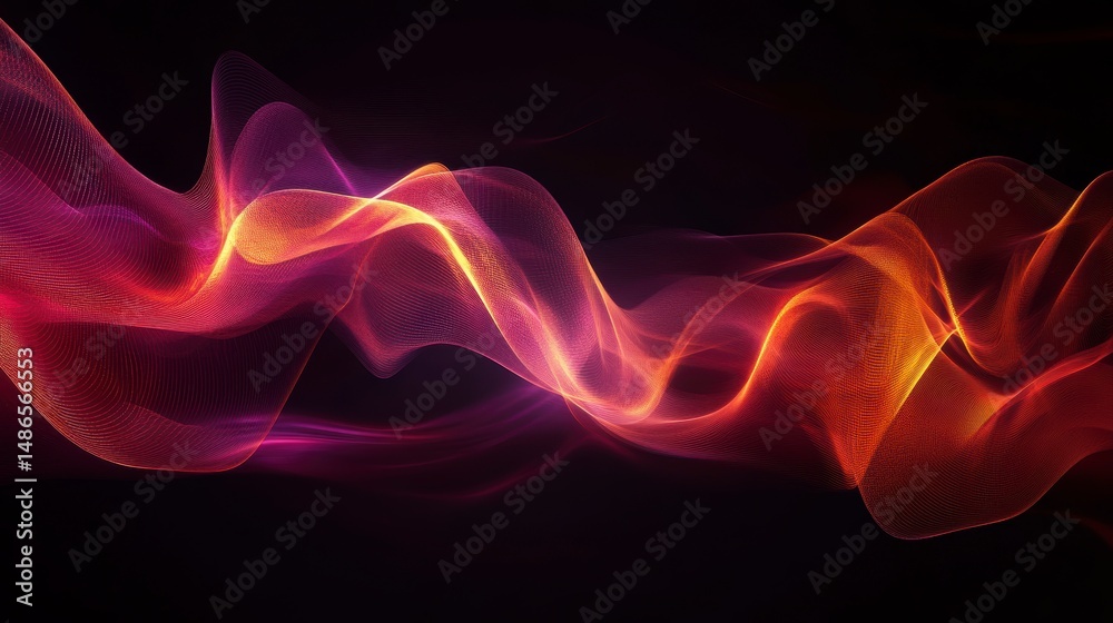 Poster abstract flowing red and orange light wave on black background.