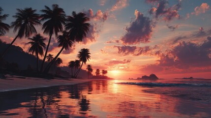 Stunning Tropical Sunset Beach Scene with Silhouetted Palm Trees and Calm Ocean Waters