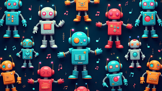 Playful dancing robots pattern with LED lights and music notes, perfect for tech-loving kids' spaces.