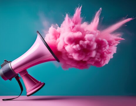 surreal megaphone emitting vibrant pink paint cloud in abstract artistic concept representing creativity expression and bold communication on minimalist background