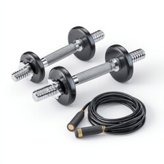 Fototapeta premium Fitness Equipment Dumbbells and Jump Rope for Home Workout Perfect for strength training and cardio