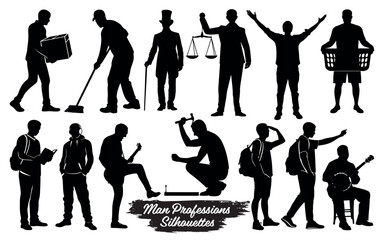 Obraz premium Silhouettes of men in various professions and activities isolated on a white background