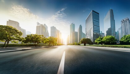 wide angle view of the road in the city high buildings in the city