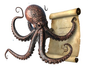 Detailed Brown Octopus Holding Aged Scroll on White Background