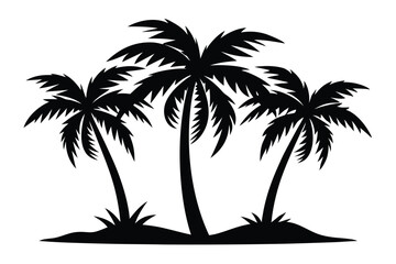Three black tropical palm trees stand together on an island silhouette