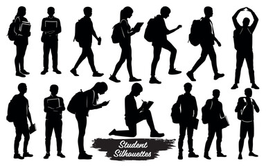 Silhouettes of students with backpacks and books isolated on a white background