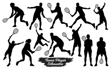 Silhouettes of tennis players in various action poses with racquets isolated on a white background