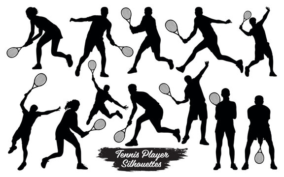 Silhouettes of tennis players in various action poses with racquets isolated on a white background