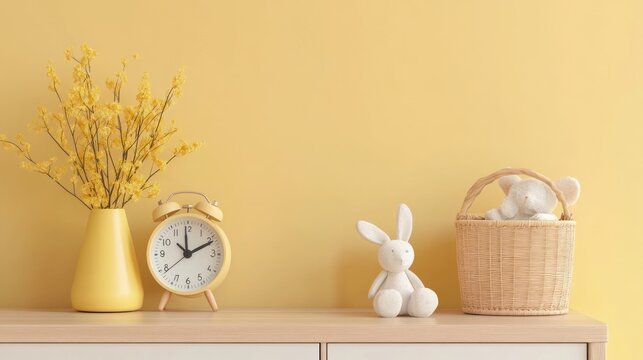 Soft yellow room interior with alarm clock flowers and plush toys