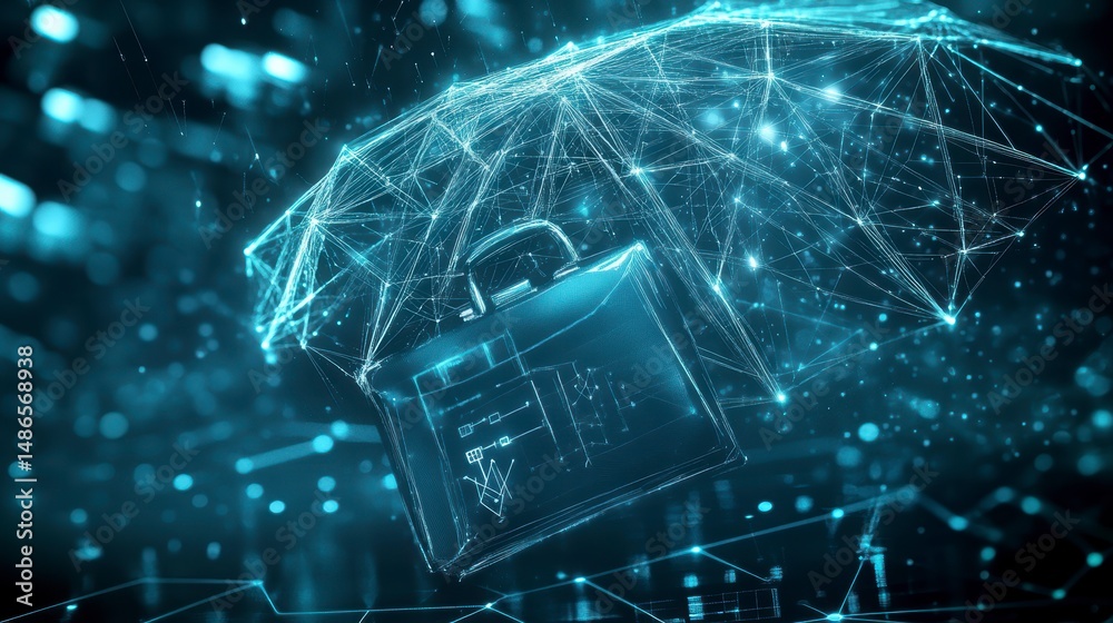 Poster cyber security briefcase protected by digital umbrella.