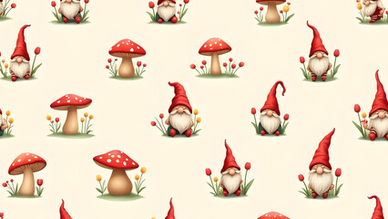 Fototapeta premium Whimsical gnome pattern hiding among giant mushrooms and flowers, cheerful woodland design for children's spaces.